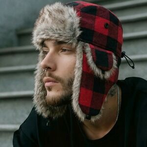 Igloos Men's Size M/L Wool Blend Trapper Hat Red Black Buffalo Plaid Winter NWT